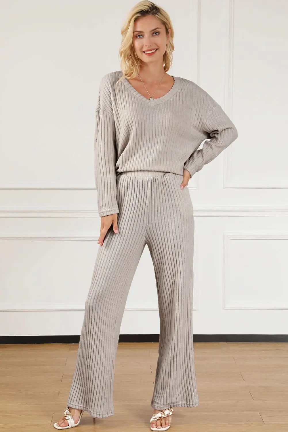Chic khaki ribbed knit two-piece set - Love Salve